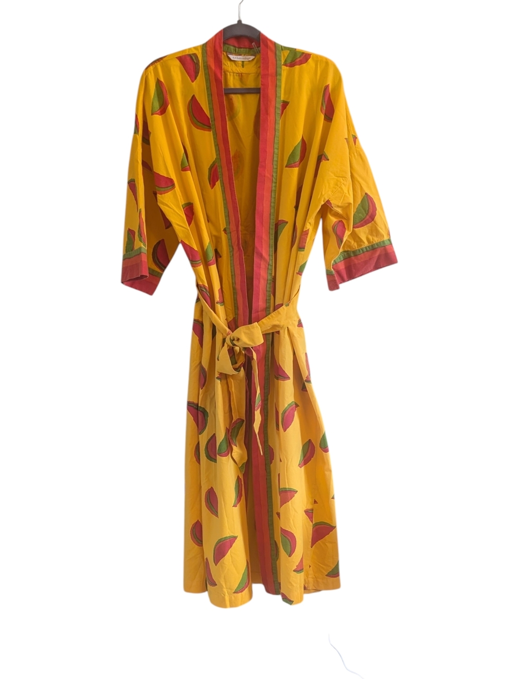 Soft Surroundings Cotton Watermelon Print Kimono Tie Robe Yellow Red